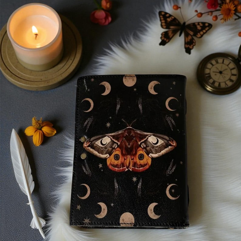 Handmade Leather Journal – Butterfly & Moon Phase Design, Vintage Notebook with 200 Deckle-Edge Pages, Diary for Writing & Sketching