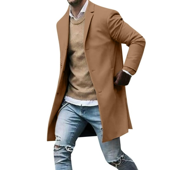 YODETEY Men'S Autumn Winter Button Slim Long Sleeve Suit Jacket Trench Coat Top Blouse Khaki S