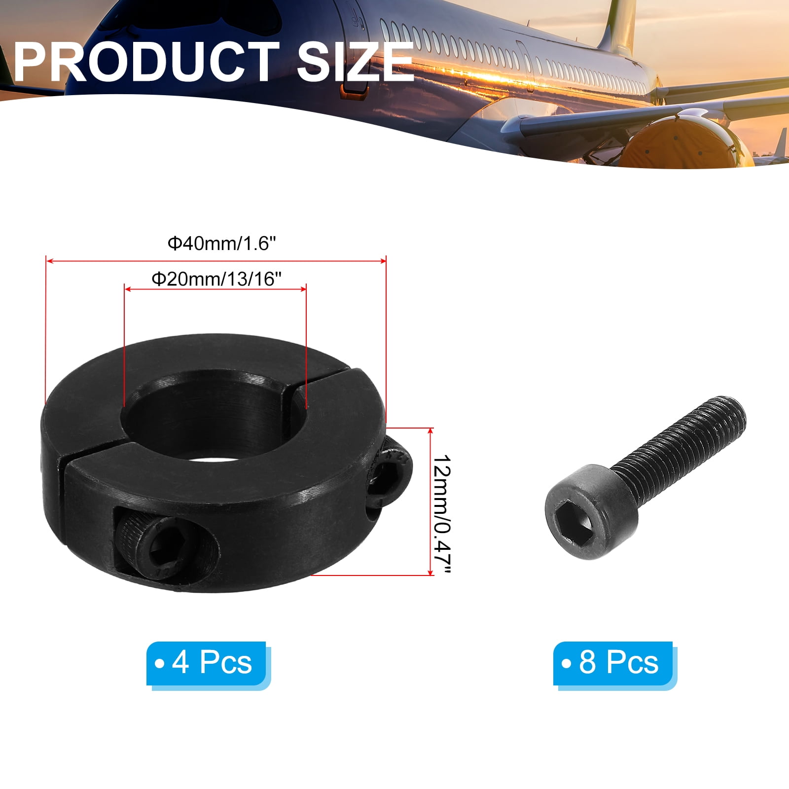45#Carbon Steel Bore 20mm Double Split Shaft Collar 40mm OD 12mm Thickness with Set Screw, Black 4 Pack