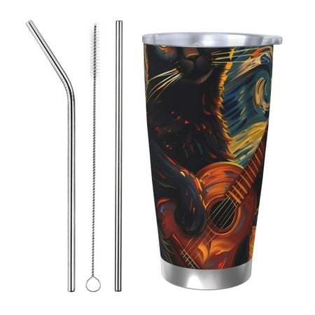 

Vsdgher Starry Night Cat Guitarist 20 Oz Stainless Steel Vacuum Insulated Travel Mug Coffee Cup for Home Office Outdoor Works Great for Ice Drinks and Hot Beverage -Straw Three-piece Set