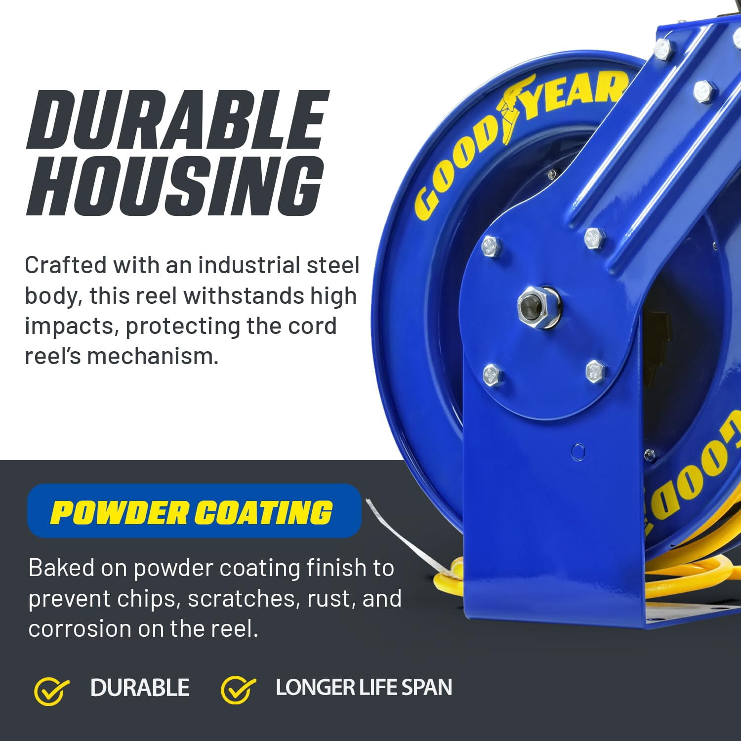 Goodyear Extension Cord Reel Retractable 12AWG x 80' Feet 3C SJTOW Cable Triple Tap Connector Power Rating 125 Volt AC 13 Amp 1625 Watt Industrial Steel Single Arm
