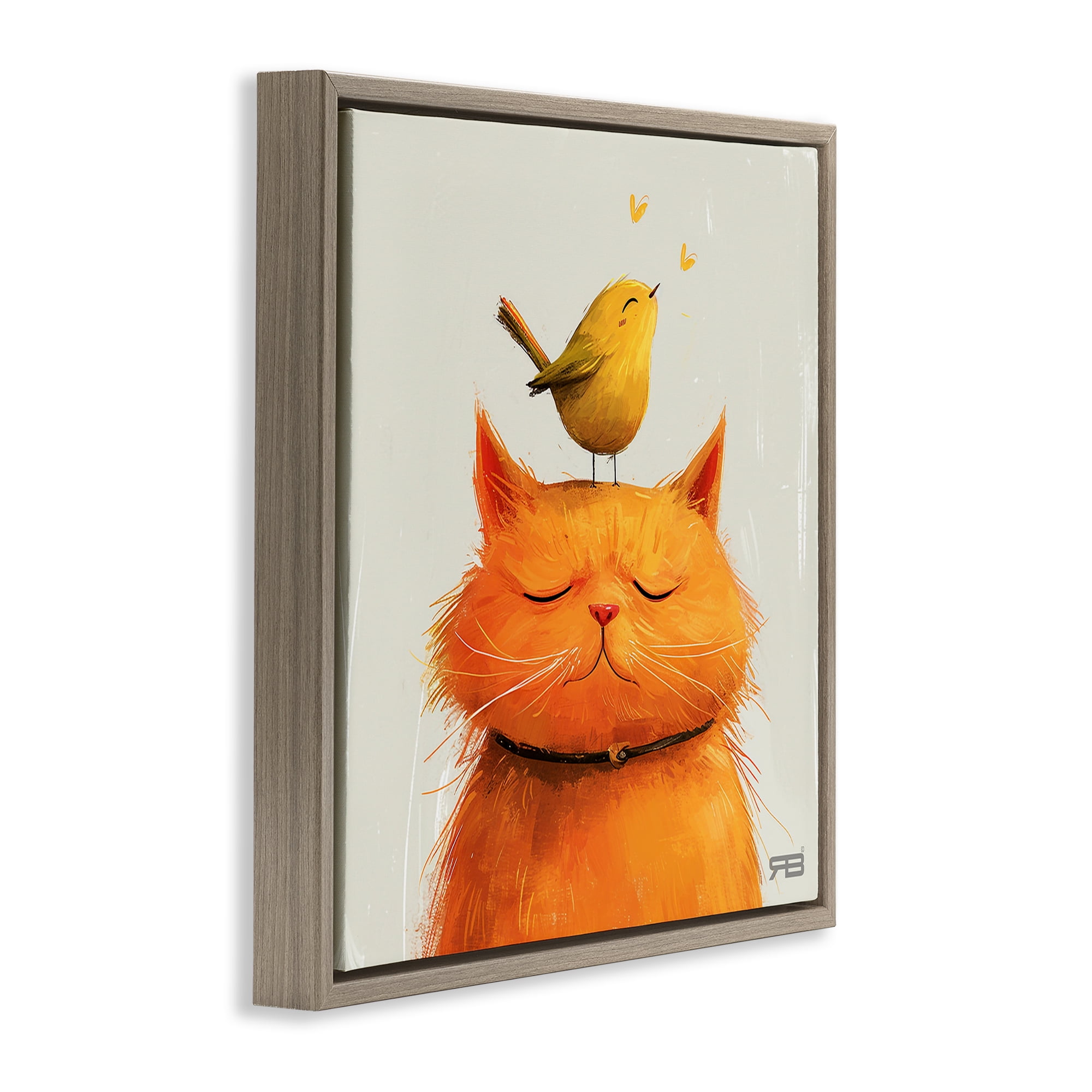 Stupell Industries Bird Perched on Cat Animals Painting Brown Floater Framed Canvas Art Print Wall Art, 25 x 25
