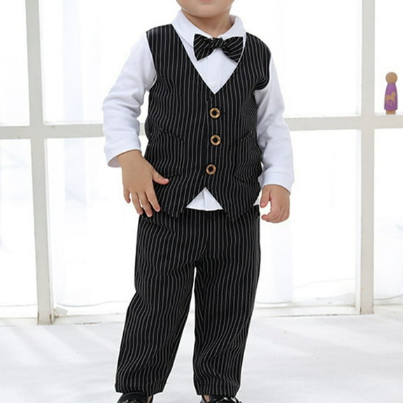 Odeerbi 6M-10Y Kids Boys Striped Cotton Gentleman Formal Dress Suit Children Long Sleeves Bow Dress Shirt Suit Pants Waistcoat Three Piece Set Kids Boys Clothes
