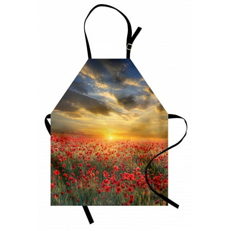 

Flower Apron Poppy Field Sunset Sky Evening View Golden Sun Rays Dark Clouds Graphic Art Print Unisex Kitchen Bib Apron with Adjustable Neck for Cooking Baking Gardening Multicolor by Ambesonne