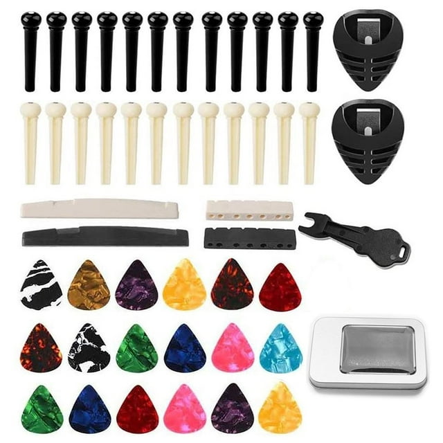 Acoustic Folk Guitar Accessories Kit Including Pins + Guitar Nuts + Celluloid Picks + Guitar Pick Holders + Pin Puller