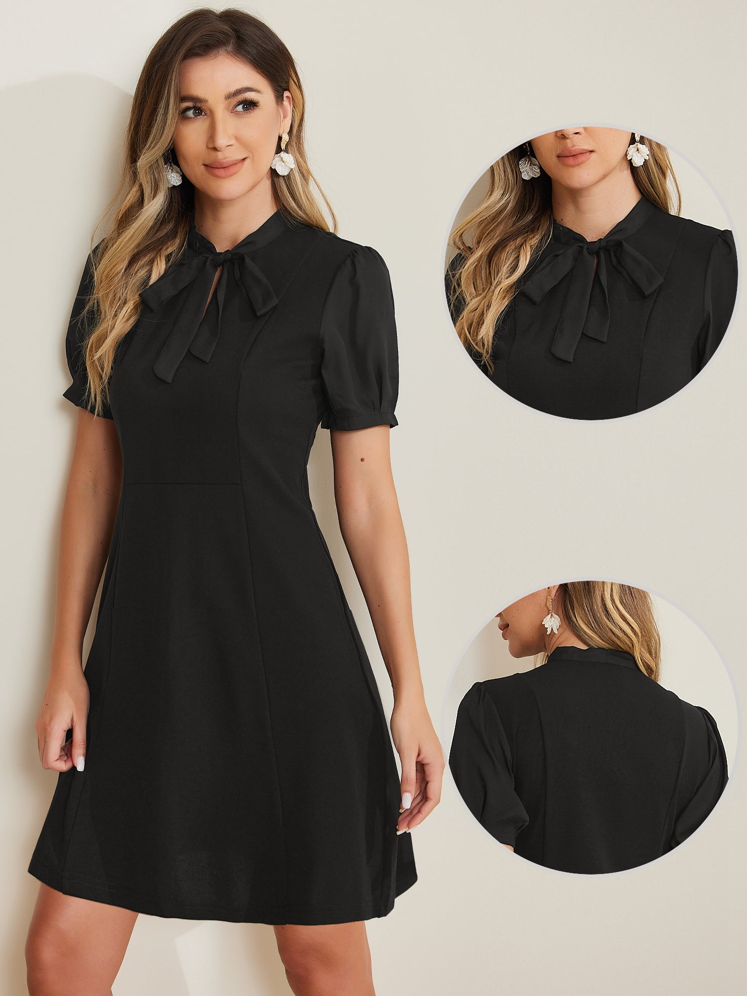 DARING DIVA Women's Tie Neck Puff Short Sleeve Office Work Dress L Black