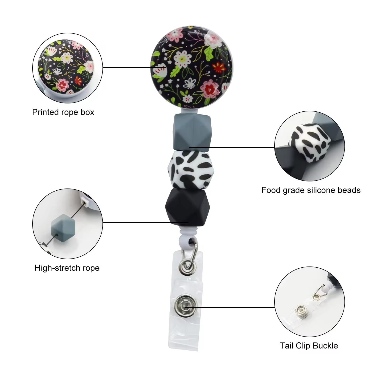 Multi-Angle Rotary Printing Silicone Beads Badge Reels for Multiple use Retractable Badge Holders Nursing Doctor Office Worker Teacher Student Name Id Decor