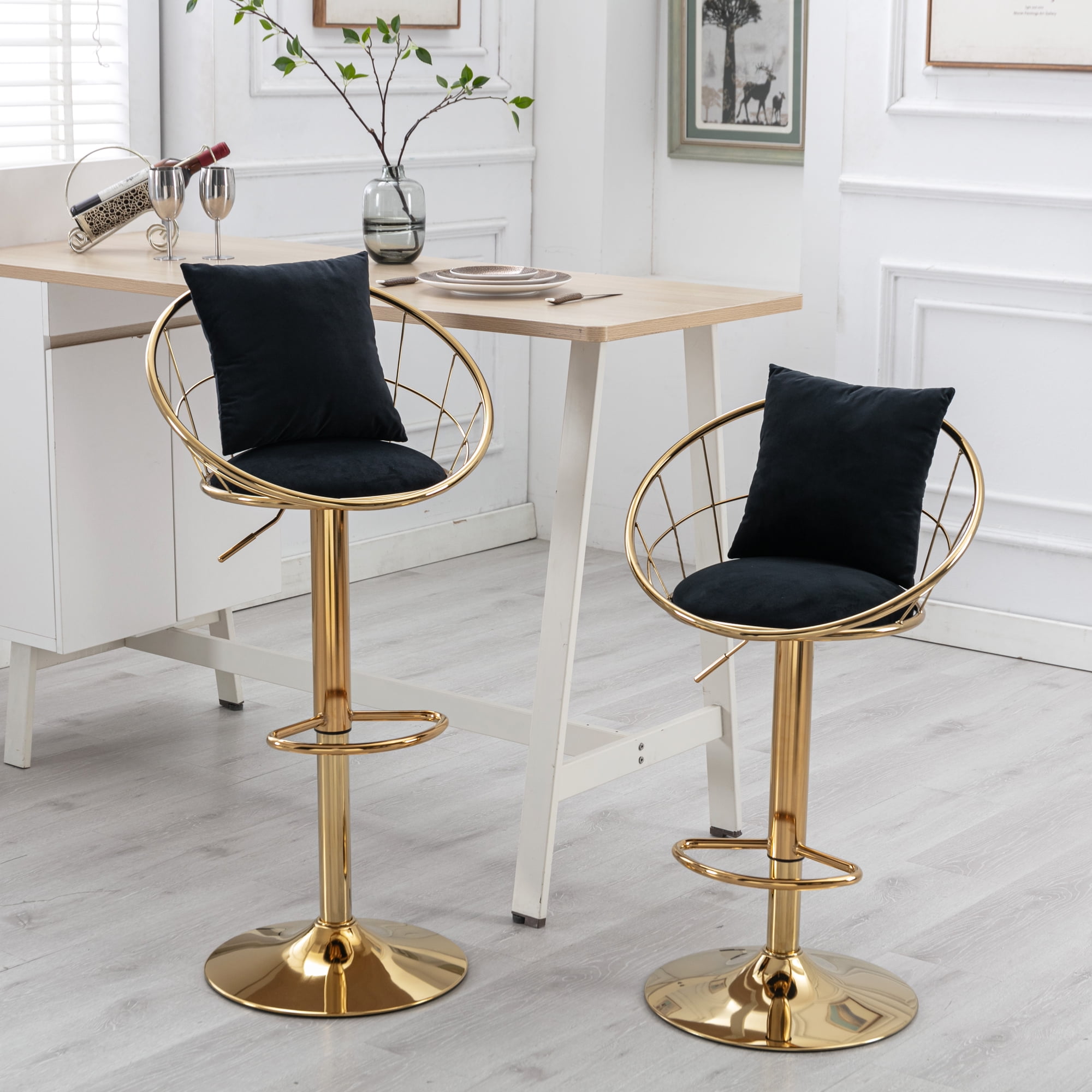 Velvet Adjustable Bar Stools Set of 2, Modern Swivel Counter Height Bar Stools with Gold Metal