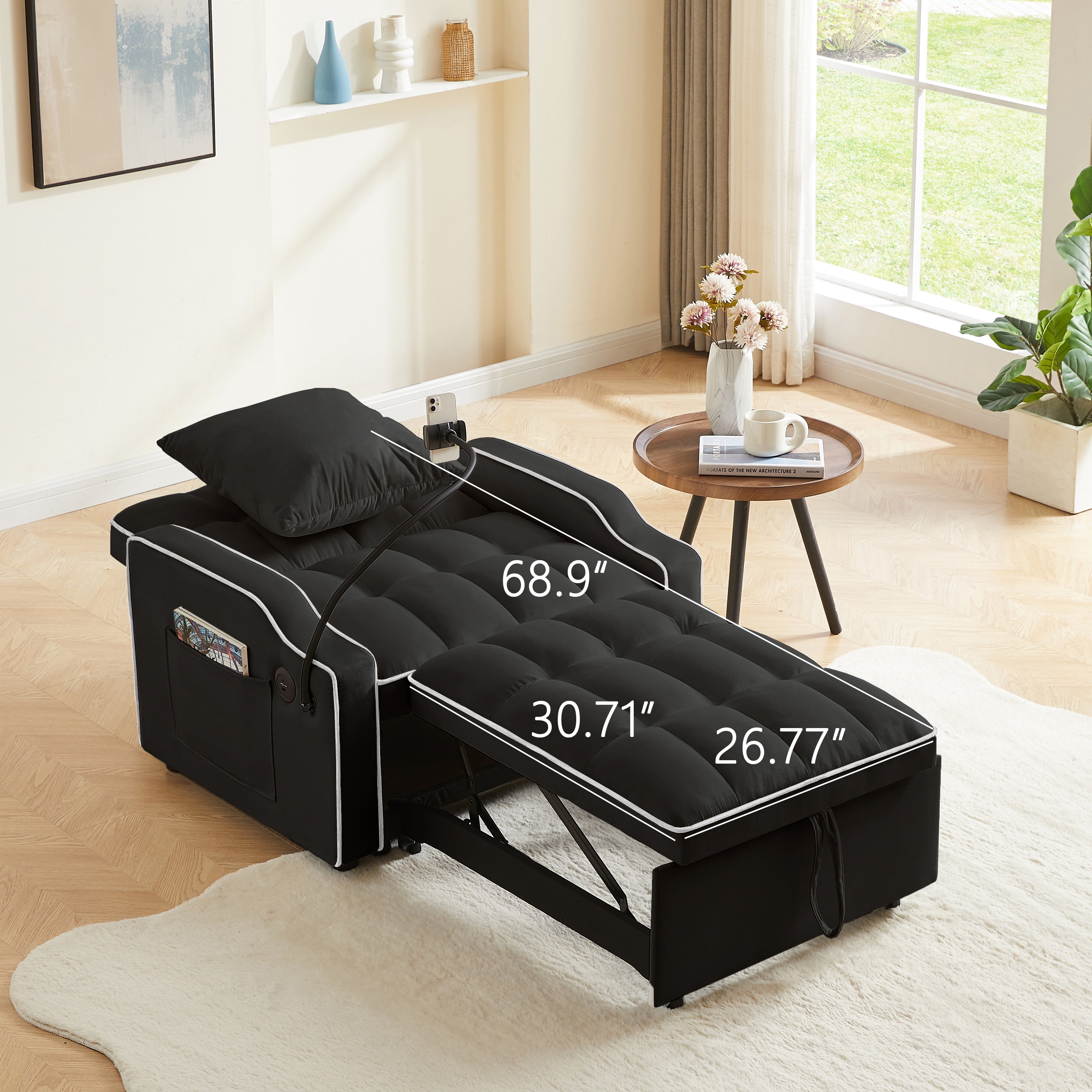 3 In 1 Convertible Sofa Bed Adjustable Recliner Sofa Chair With Adjustable Backrest, Phone Holder and Charging Port