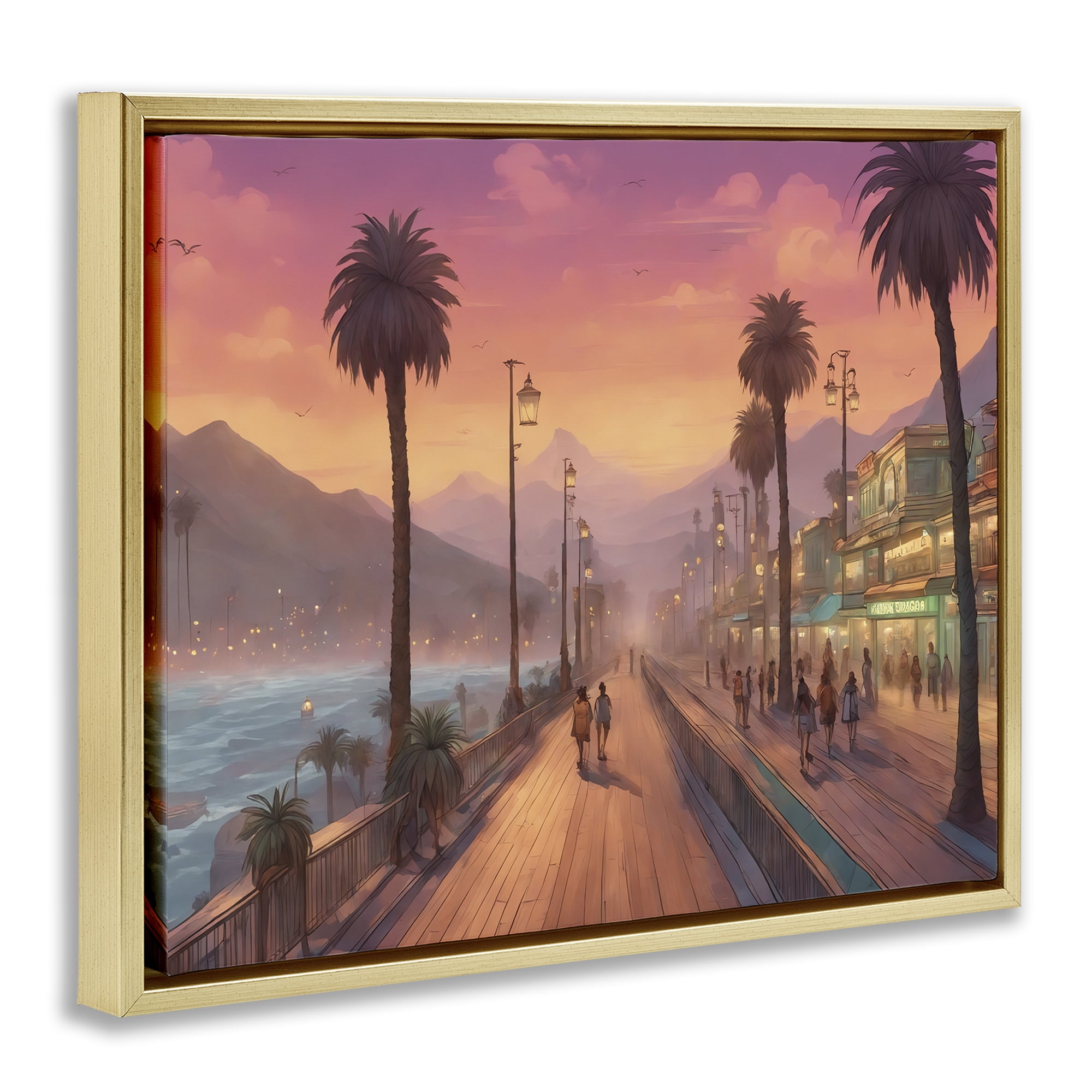 Stupell Industries Busy Tropical Boardwalk Landscape & Nature Painting Gold Floater Framed Canvas Art Print Wall Art, 31 x 25