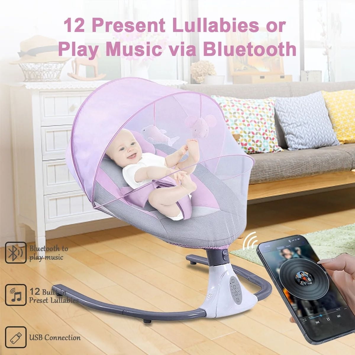 HENG Co. Electric Baby Swing and Rocker, Infant Bouncer Chair Featuring 12 Lullabies, Bluetooth Connectivity, Multiple Speed Settings, 4 Timer Modes, Unisex Design, Pink.