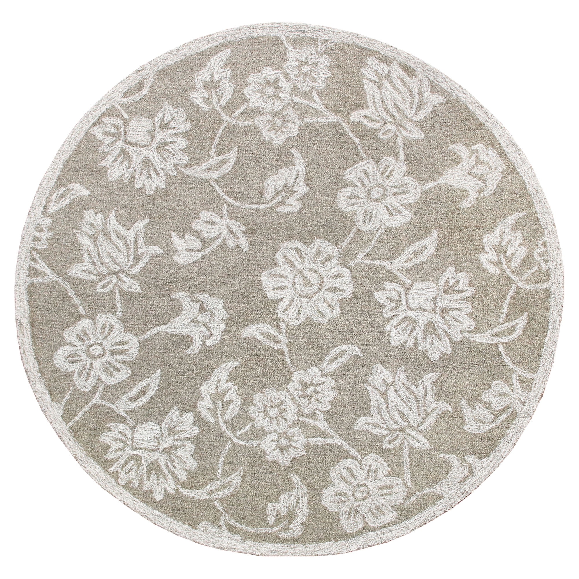 LR Home Clio 3' Round Gray/Ivory Floral Handmade Wool Indoor Area Rug