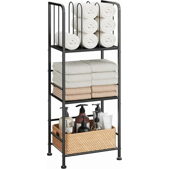 Towel Rack Free Standing 3-Tier M-Shaped Detachable Dividers, Durable Metal Holder, Pool Towel Rack, Space-Saving Towel Storage Organizer, Modern Bath Towel Shelf for Home, Poolside, Black