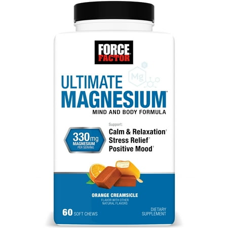 Force Factor Ultimate Magnesium, Magnesium Supplement with L Theanine for Sleep, Stress Relief, Relaxation & Mood, Orange Creamsicle, 60 Soft Chews
