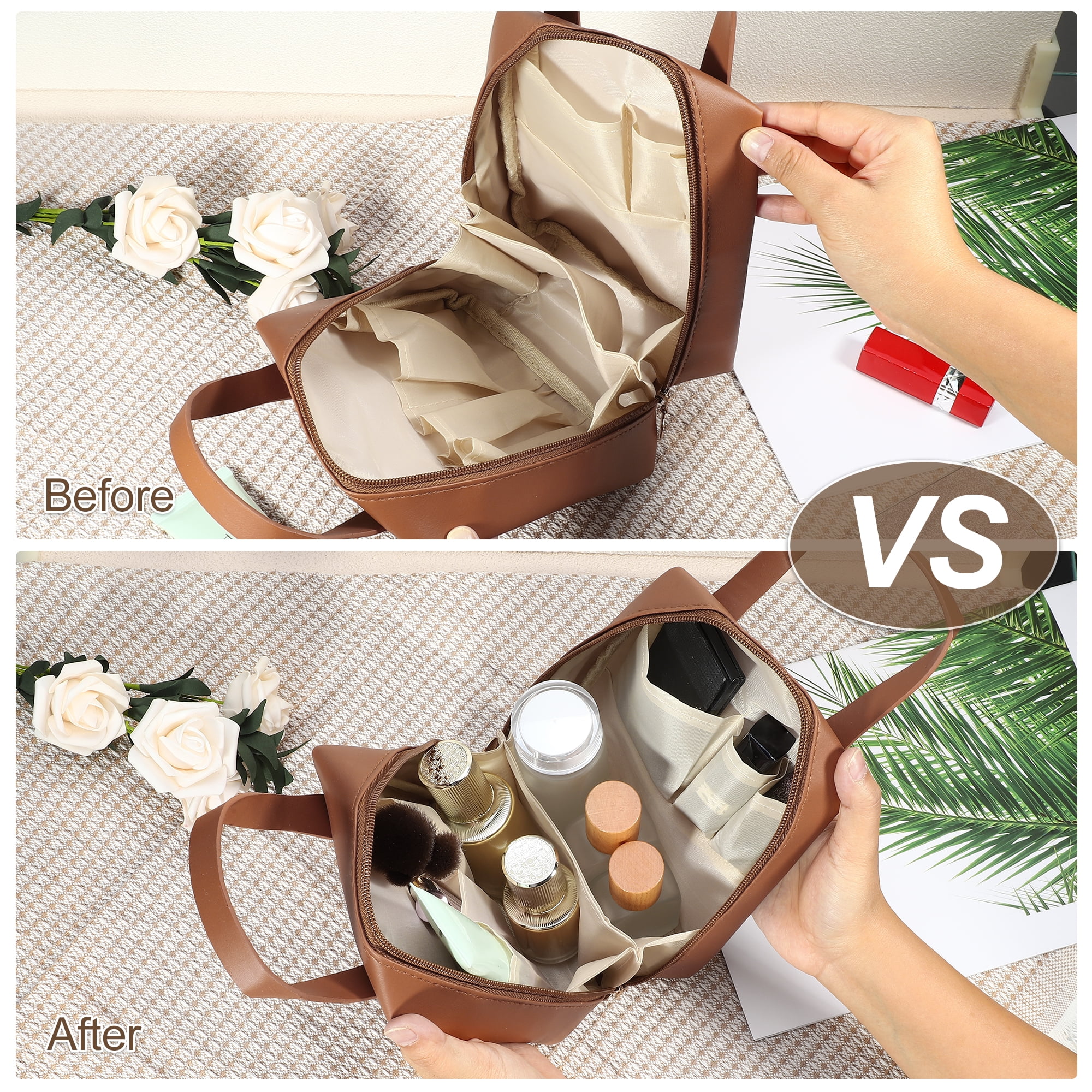 Unique Bargains Portable Makeup Bag Large Capacity Travel Makeup Pouch with Handle Brown