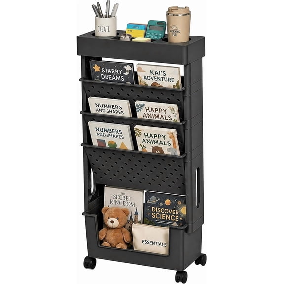 5-Tier Rolling Book Cart, Black, for Study Room & Office
