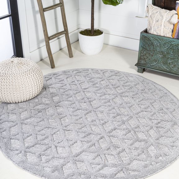 JONATHAN Y IBIZA 5' Round Area Rug, Talaia Neutral Geometric - Light Gray, IBZ102C-5R