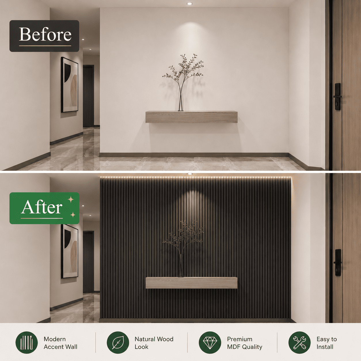 Yeslife 6 pcs Slat Wall Panels, 94.49 x 7.44 in, Matte Black MDF, 3D Decorative Design for Interior Walls and Ceilings