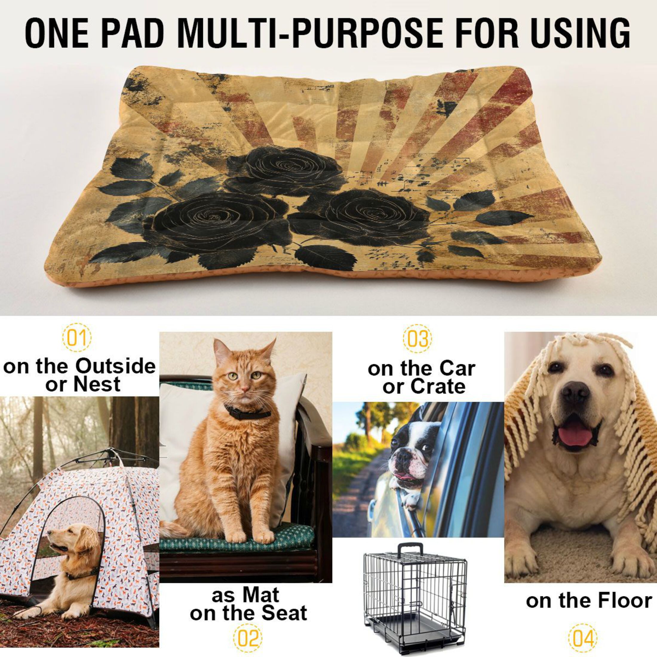 Qxltty Notes Black Rose Ped Pad Wear-resistant and Hard to Bite Through Sleeping Pad for Small Medium Large Dogs Winter Pet Bed 36×24in