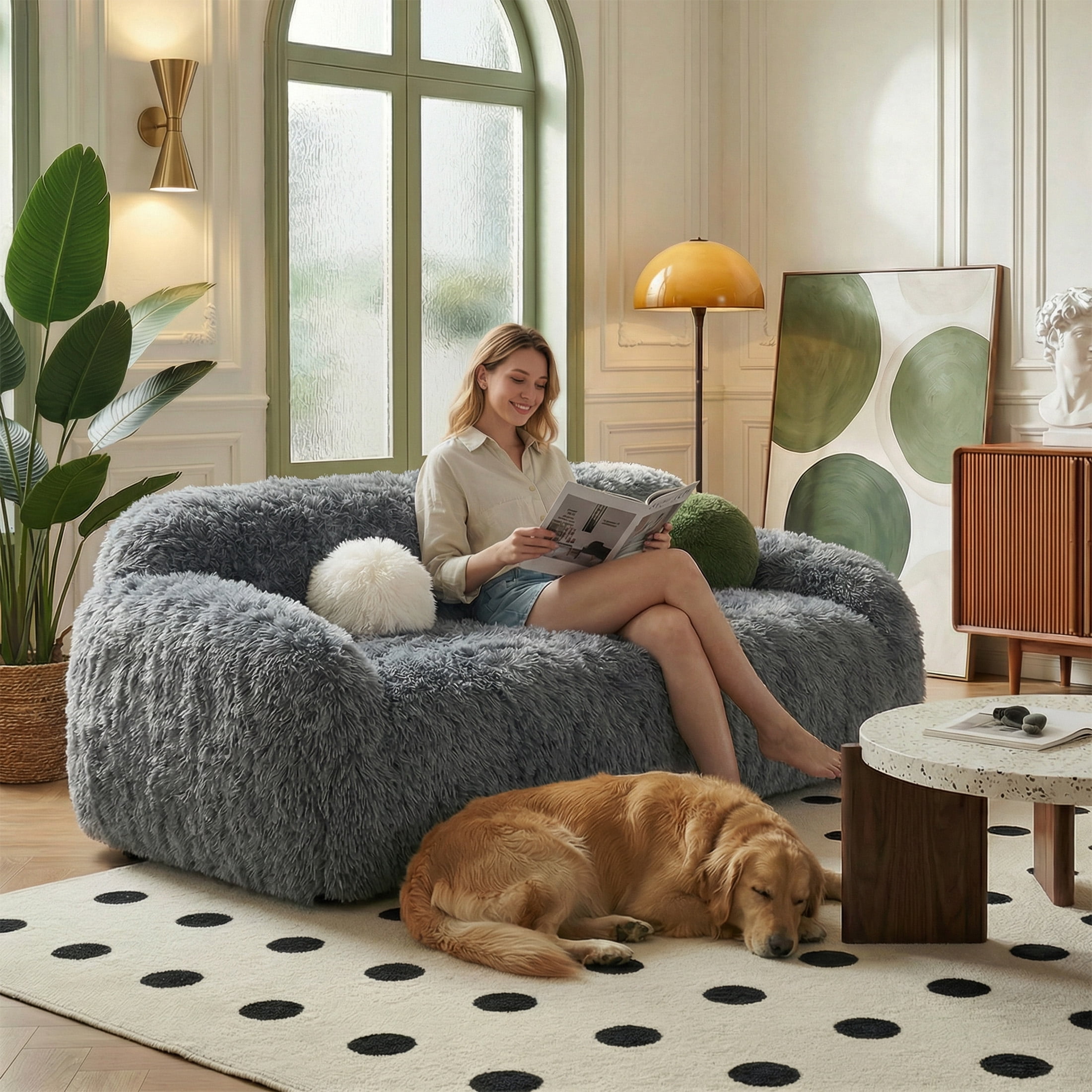 Aukfa 84" Comtemporary Plush Faux Fur Sofa, Pet-Friendly Couch for Living Room, 25" Deep Seat, Gray