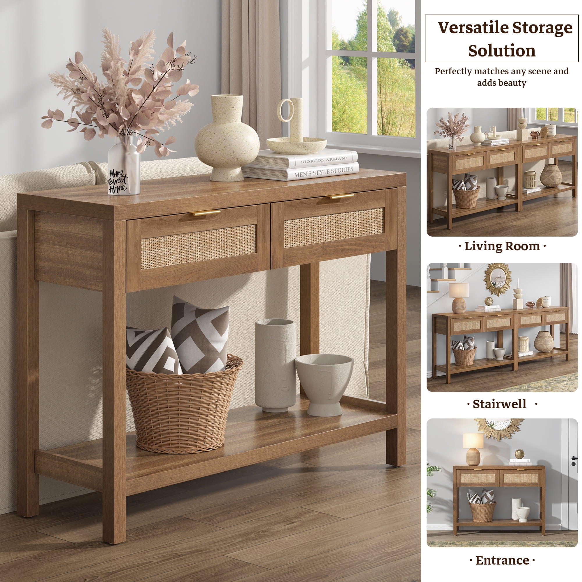 SICOTAS 39.4 Inch Wide Rattan Console Table Set of 2 with 2 Drawers & Shelf, Boho Entryway table with Large Storage Capacity for Entrance Way, Hallway, Living Room - Natural Oak