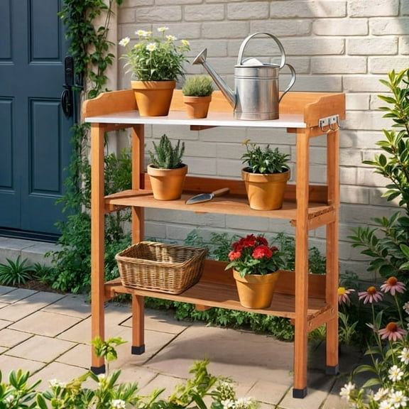 Outdoor Garden Potting Bench Table, Wooden Horticulture Planting Worstation with Metal Tabletop, 2 Storage Shelves, 3 Hooks, Natural Wood