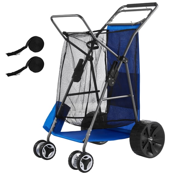 KFFKFF Folding Beach Cart with Large Wheels for Sand, 165 lbs Capacity, Heavy-Duty Wagon with 10" Solid Tires, Cooler Bag, Umbrella Holder, and Space for 4 Chairs - Ideal for Camping and Fishing