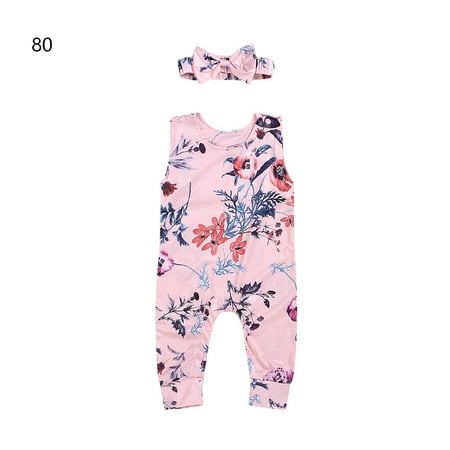 

TureClos Baby Romper Headband Kid Girl Floral Printed Bodysuit Sleeveless Jumpsuit 80cm