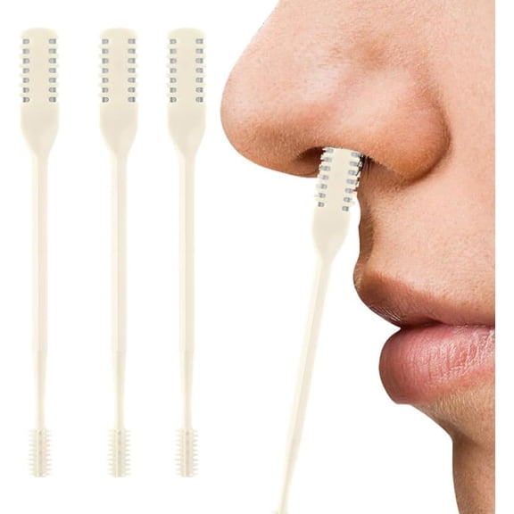 2-in-1 Nasal Hair Cutter, Nose Hair Trimmer for Men Women, 360° Rotating Portable Manual Nose Hair Remover Tool with Ear Picker, Double Sided Noses Hairs Knife Travel Essentials (Beige, 3PC)