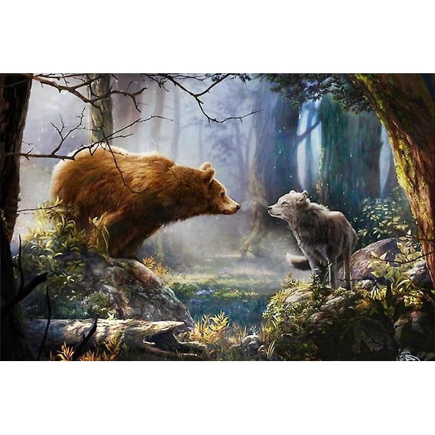 30x40cm Adultos Niños 5d Diy Diamond Art Painting Set - Loup Et Ours, Manualidades De Bordado De Diamantes Completos, Juego De Pintura De Diamantes De Imitación De Cristal De Lienzo, Sui