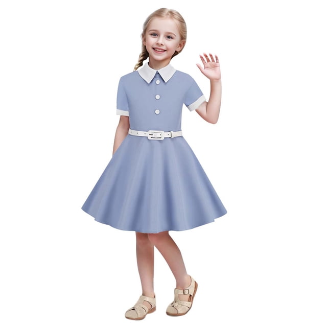 XEGLSBU Robe Vintage pour Enfants à Manches Courtes avec Ceinture, Robe de Princesse