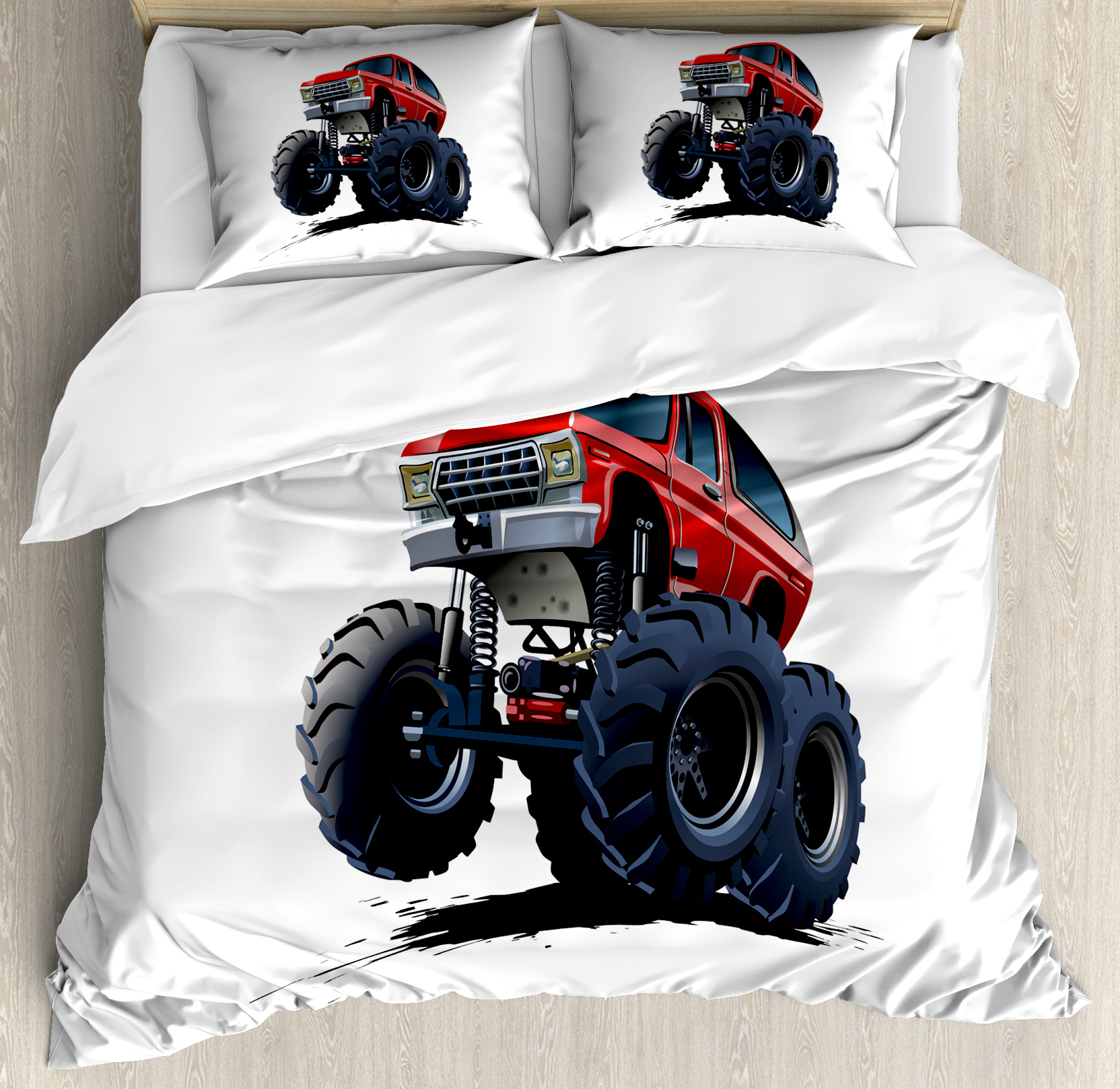 Truck Duvet Cover Set, Extreme Off Road Vehicle Cartoon Style Monster
