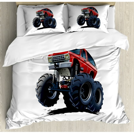 Truck Duvet Cover Set Extreme Off Road Vehicle Cartoon Style