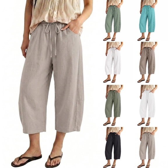 Capri Linen Barrel Pants for Women Drawstring Wide Leg Cropped 2026 Casual Summer Boho Baggy Palazzo Trousers, L