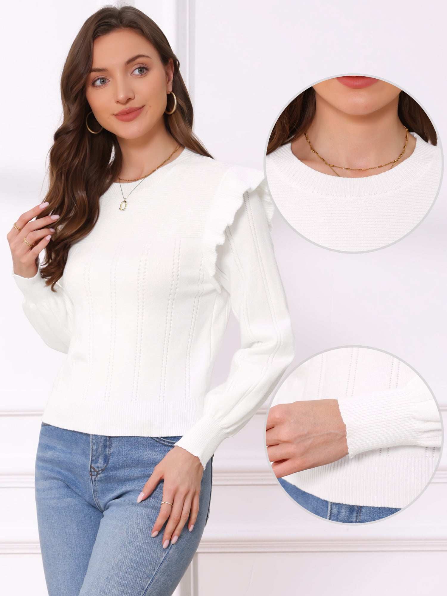 DARING DIVA Women's Crew Neck Ruffle Pullover Cropped Sweaters M White