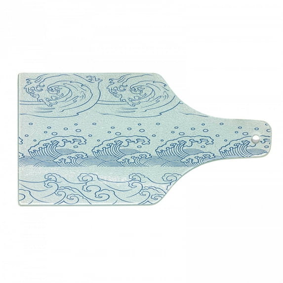 Japanese Wave Cutting Board, Demonstration of Outline Drawing of Far Ocean with Curved Tsunami Aquatic, Decorative Tempered Glass Cutting and Serving Board, in 3 Sizes, by Ambesonne