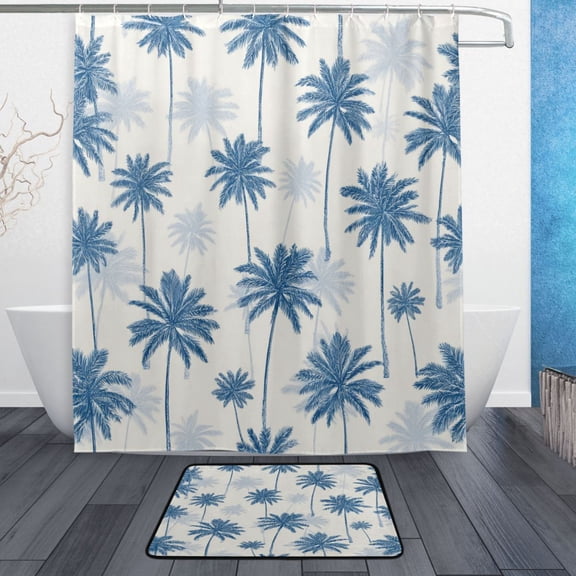 TTYFWHD 60" x 72" Shower Curtain and Bath Mat Set Indigo Palm Pattern Waterproof Bathroom Curtain with 12 Hooks, Bathroom Decor Set