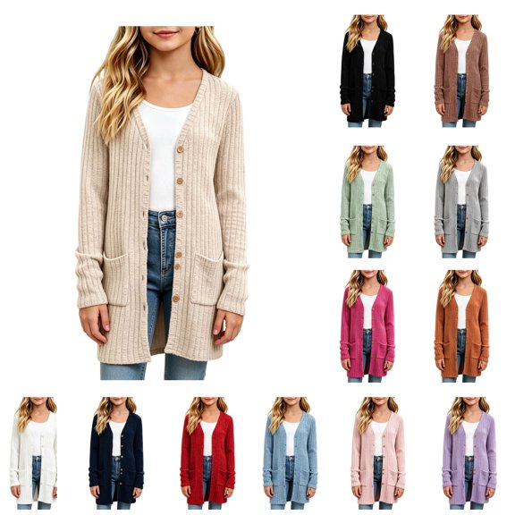 LWFFDAW Ribbed Knit Cardigans for Girls Button Down Open Front Cardigan Sweater Soft Long Sleeve Knit Sweater Loose Lightweight Cardigan with Pockets 9-10 Years