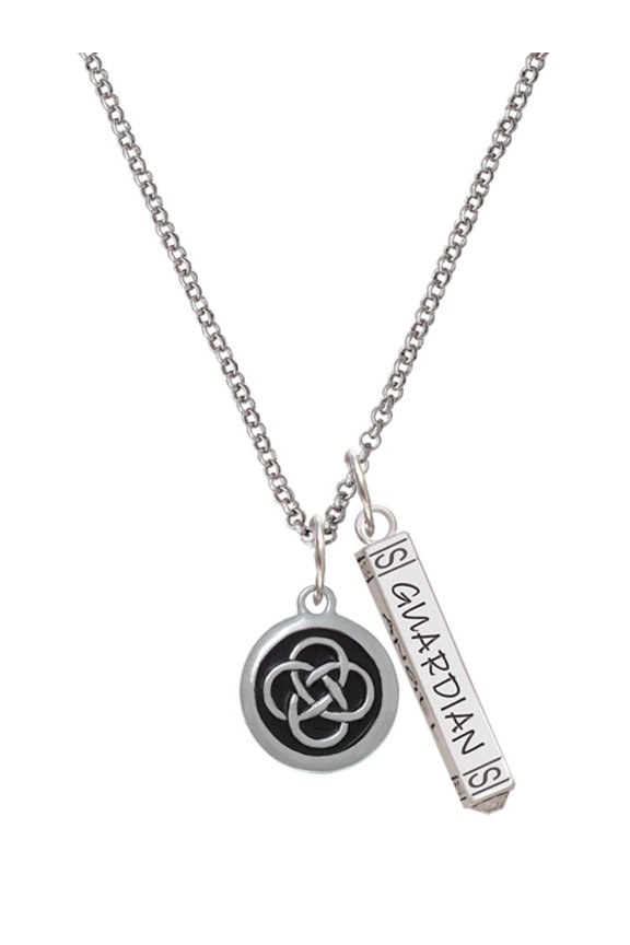 Silvertone Celtic Knot in Black Circle Silvertone Guardian Angel Bar Charm Necklace, 23"