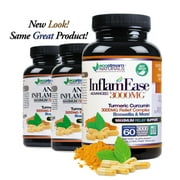 All Natural InflamEase Turmeric Curcumin Plus by Ecostream Naturals - Maximum Support 3000 mg, Gluten-Free - 60 Supplement Pills