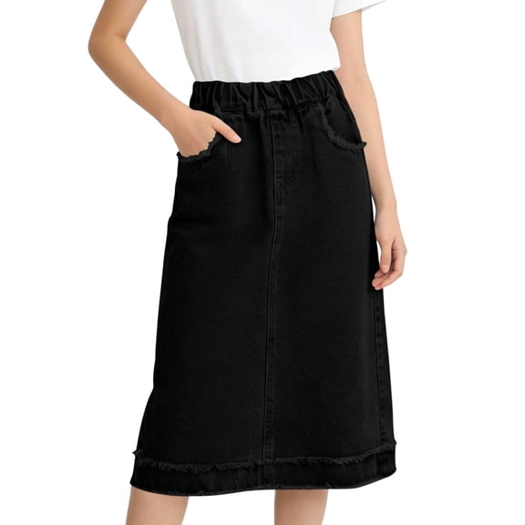 ZToonmas Girls Elastic Waist A-Line Denim Midi Skirt Casual Long Skirt with Pockets Summer Solid Skirt for 4-15 Years