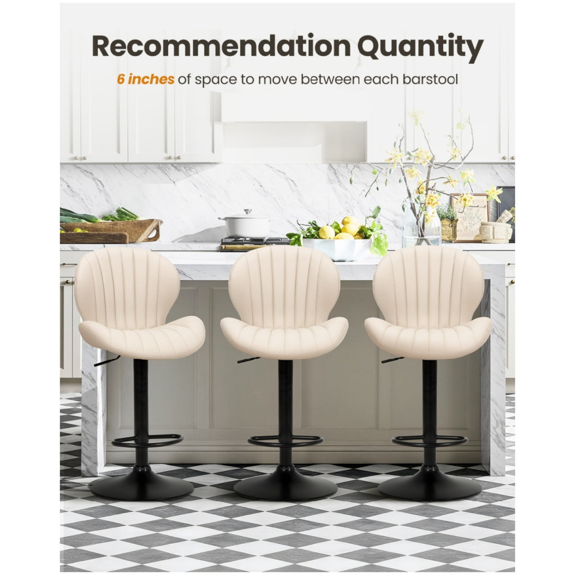 EOP Swivel Bar Stools Set of 4, Modern Upholstered Adjustable Height Counter Stools with Footrest, Faux Leather Upholstered BarStools with Metal Frame, Bar Chairs with Backrest, Beige