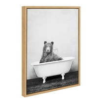 Kate and Laurel Sylvie Bear in the Tub Framed Canvas Wall Art by Amy Peterson Art Studio, 18x24 Natural, Farmhouse Bathroom Art