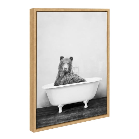 Kate and Laurel Sylvie Bear in the Tub Framed Canvas Wall Art by Amy Peterson Art Studio, 18x24 Natural, Farmhouse Bathroom Art