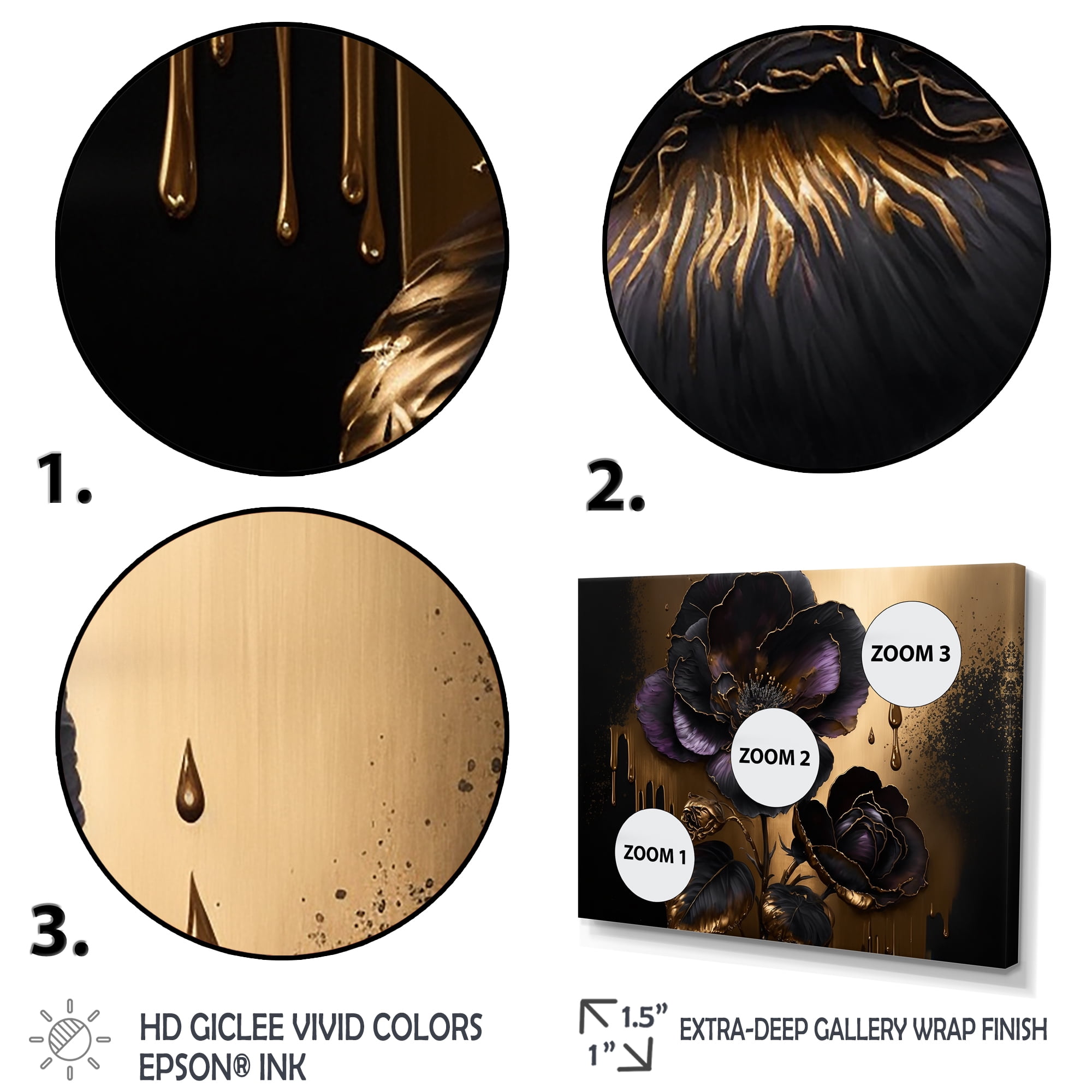 Designart Black And Gold Violets II Canvas Wall Art