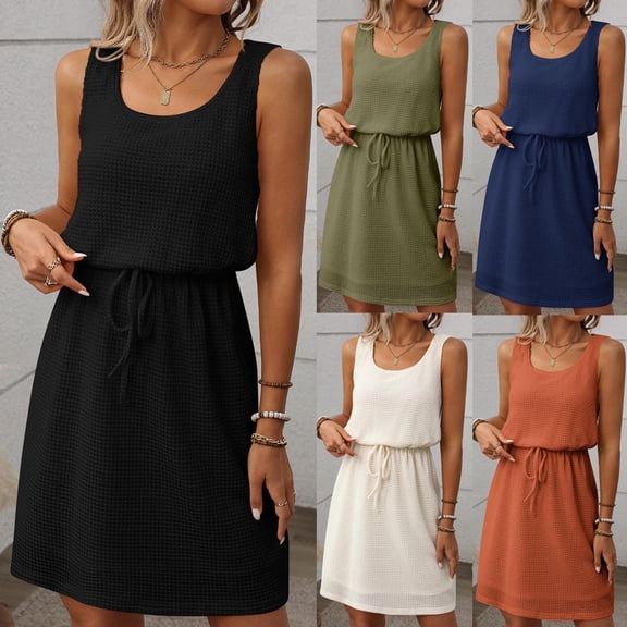 TAGOLD Womens Camis Sleeveless Dress Solid Color Drawstring Waist Crew Neck Summer Casual