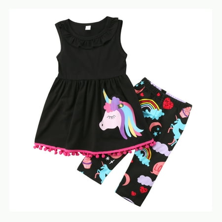 Girls Sleeveless Skirt Set - Unicorn Kids Baby Girls Cotton Outfit Clothes Sleeveless T-shirt Tops Dress + Short Pants 2Pcs Set 2-3 Years