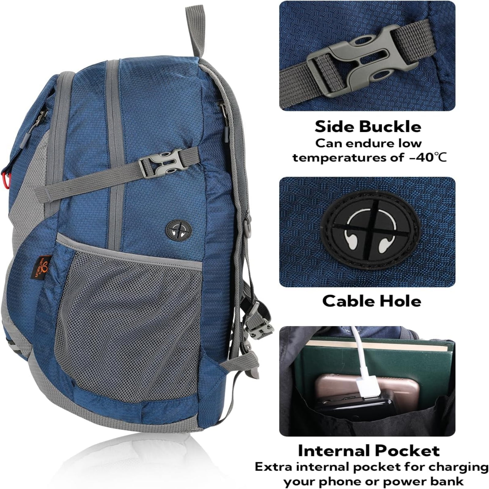 WATERFLY Unisex 30L Small Foldable Packable Travel Hiking Backpacks Daypack,Blue Gray