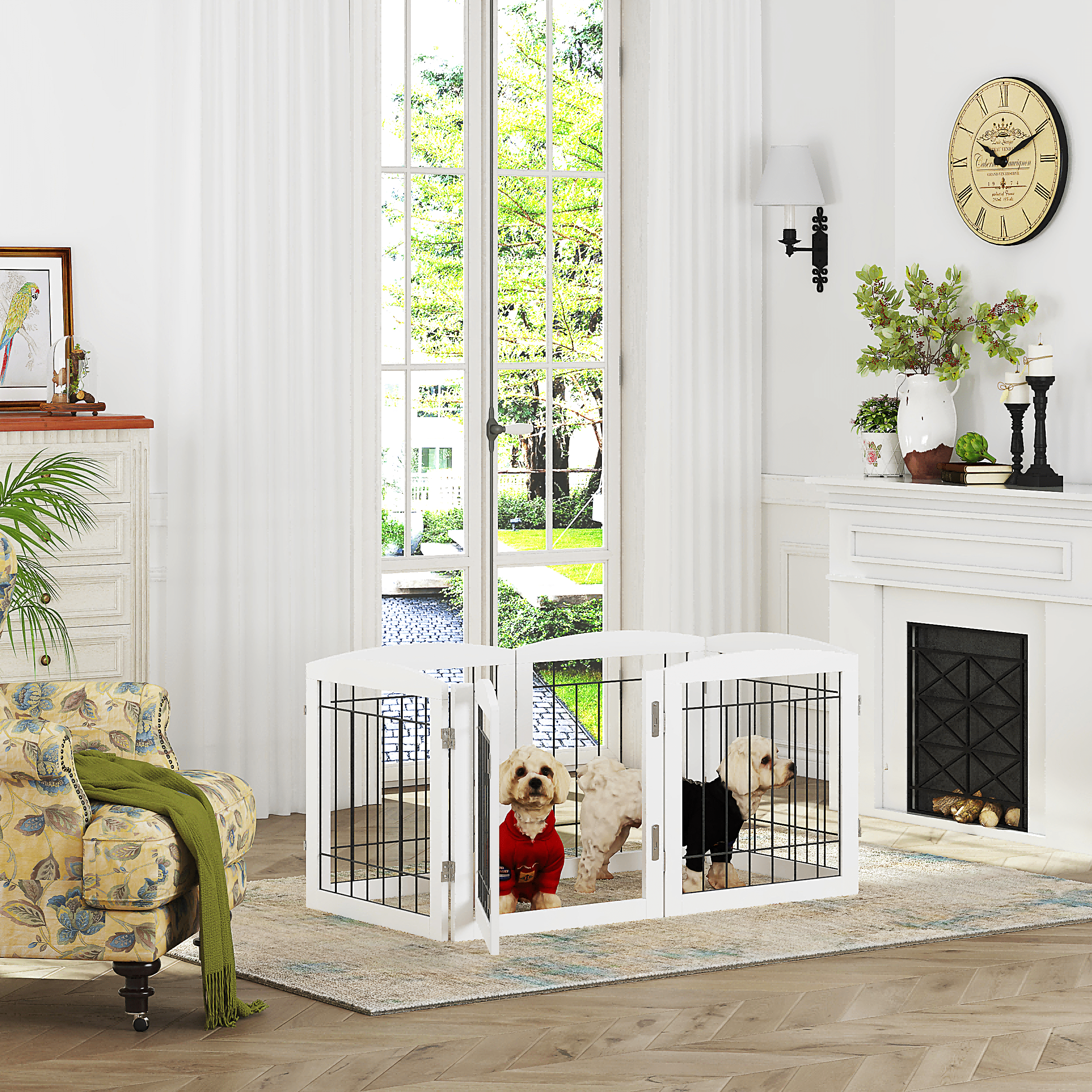 STAROUS Extra Wide Wooden Dog Gate with Convenient Walk-Through Door: Secure Pet Barrier for Home - Suitable for Doorways, Stairs, and Openings, 110" Wide, 6 Panels (White)