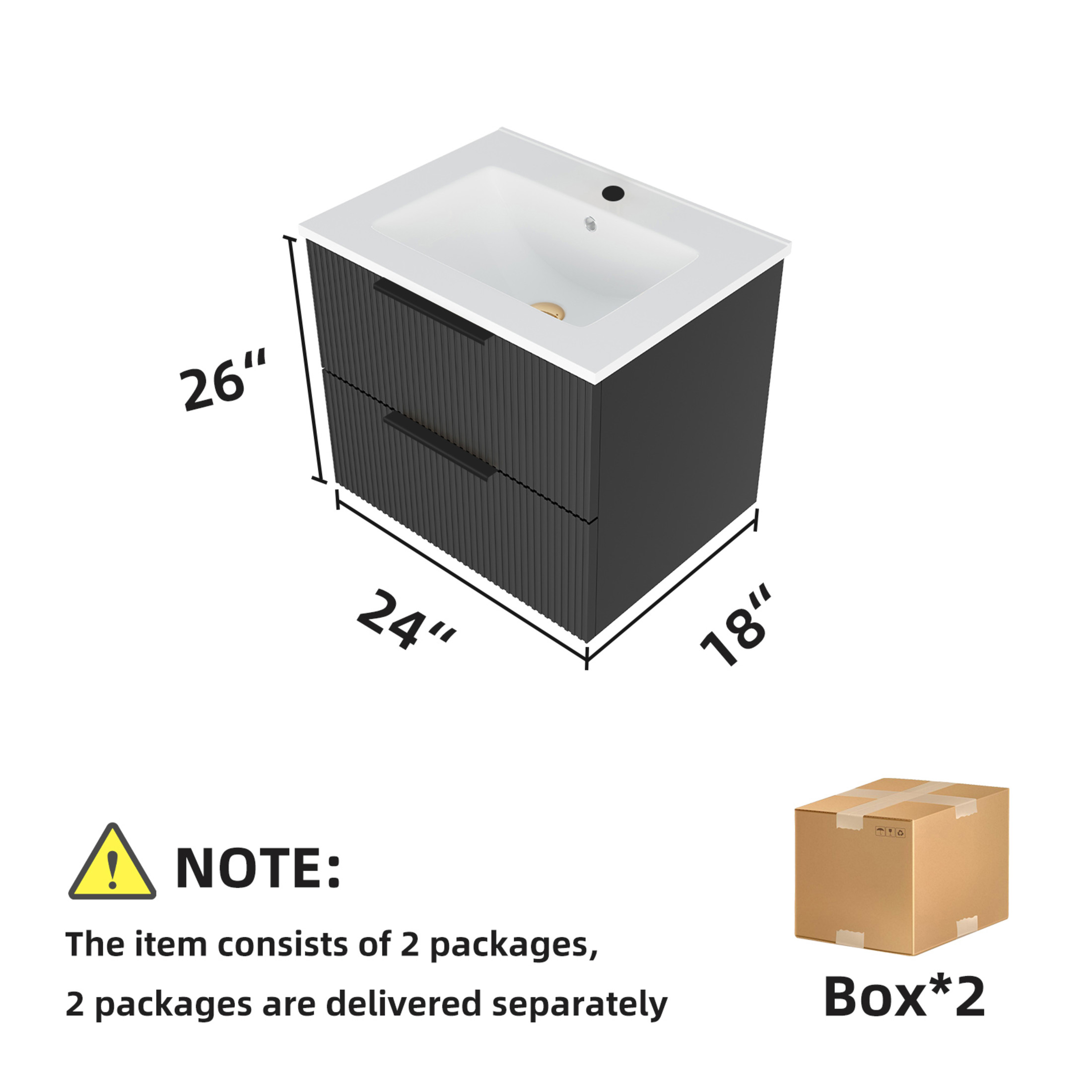 Noble House 24" Wall Mounted Floating Bathroom Vanity with Sink, 2 Drawers, Modern Cabinet, Matte Black